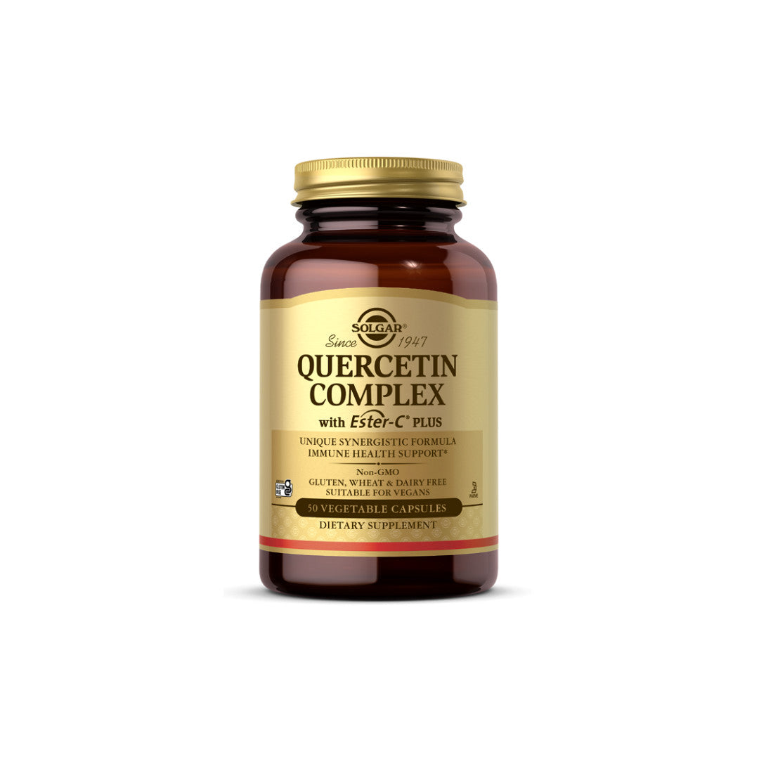 SolgarQuercetin-Komplex mit Ester-C Plus - 50 Gemüsekapseln. Dieses Nahrungsergänzungsmittel unterstützt die Gesundheit des Immunsystems und enthält Vitamin C.