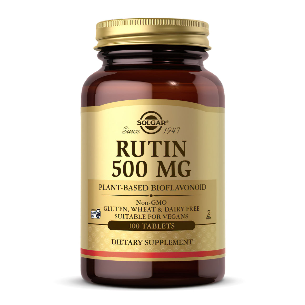 Eine Flasche Solgar's Rutin 500 mg 100 Tabletten, mit 500 mg pro Portion zur Unterstützung gesunder Blutgefäße.