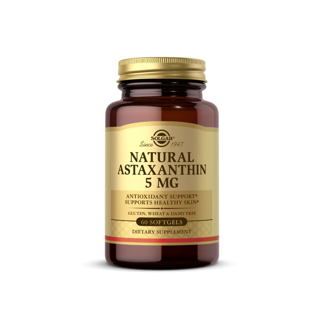 Eine Flasche Solgar Natural Astaxanthin 5 mg ist ein starkes antioxidatives Hautpflegemittel, das die Gesundheit der Haut fördert.