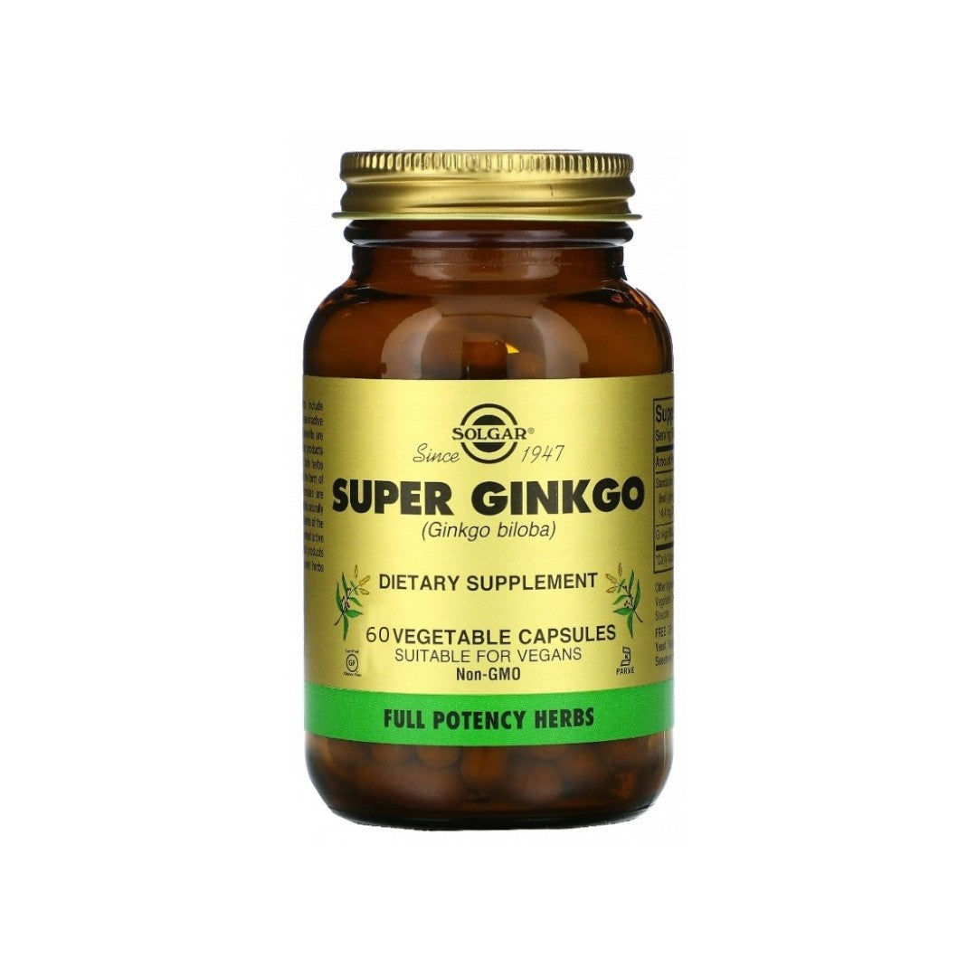 A dietary supplement that improves memory and increases concentration, the bottle contains Solgar Super Ginkgo Biloba 60 mg 60 vege capsules.