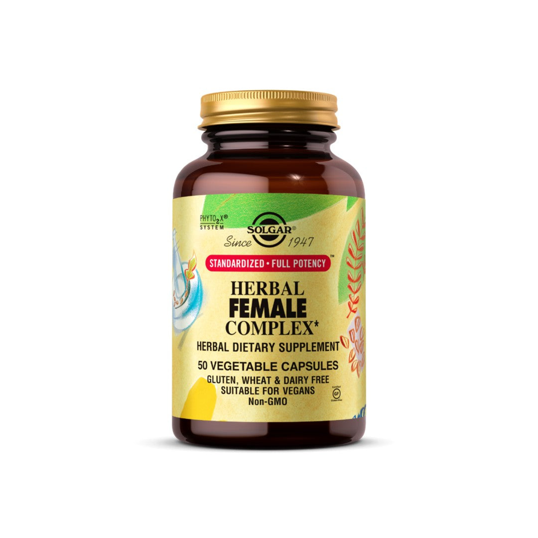 Eine Flasche Solgar Herbal Female Complex 50 pflanzliche Kapseln mit Vitamin C.