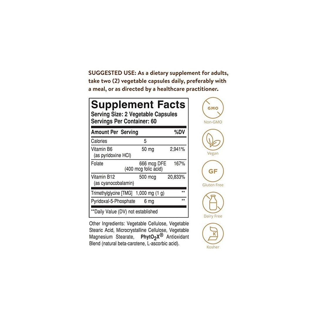 Ein Etikett mit den Inhaltsstoffen von Solgar's Homocystein Modulators 120 Vegetable Capsules.