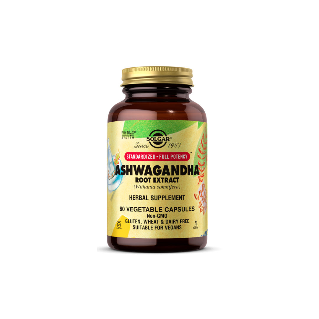 Eine Flasche Solgar Ashwagandha 400 mg 60 Kapseln mit Vitamin C.