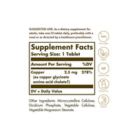 Thumbnail for A label showing the ingredients of Solgar's Chelated Copper 2,5 mg 100 Tablets supplement.