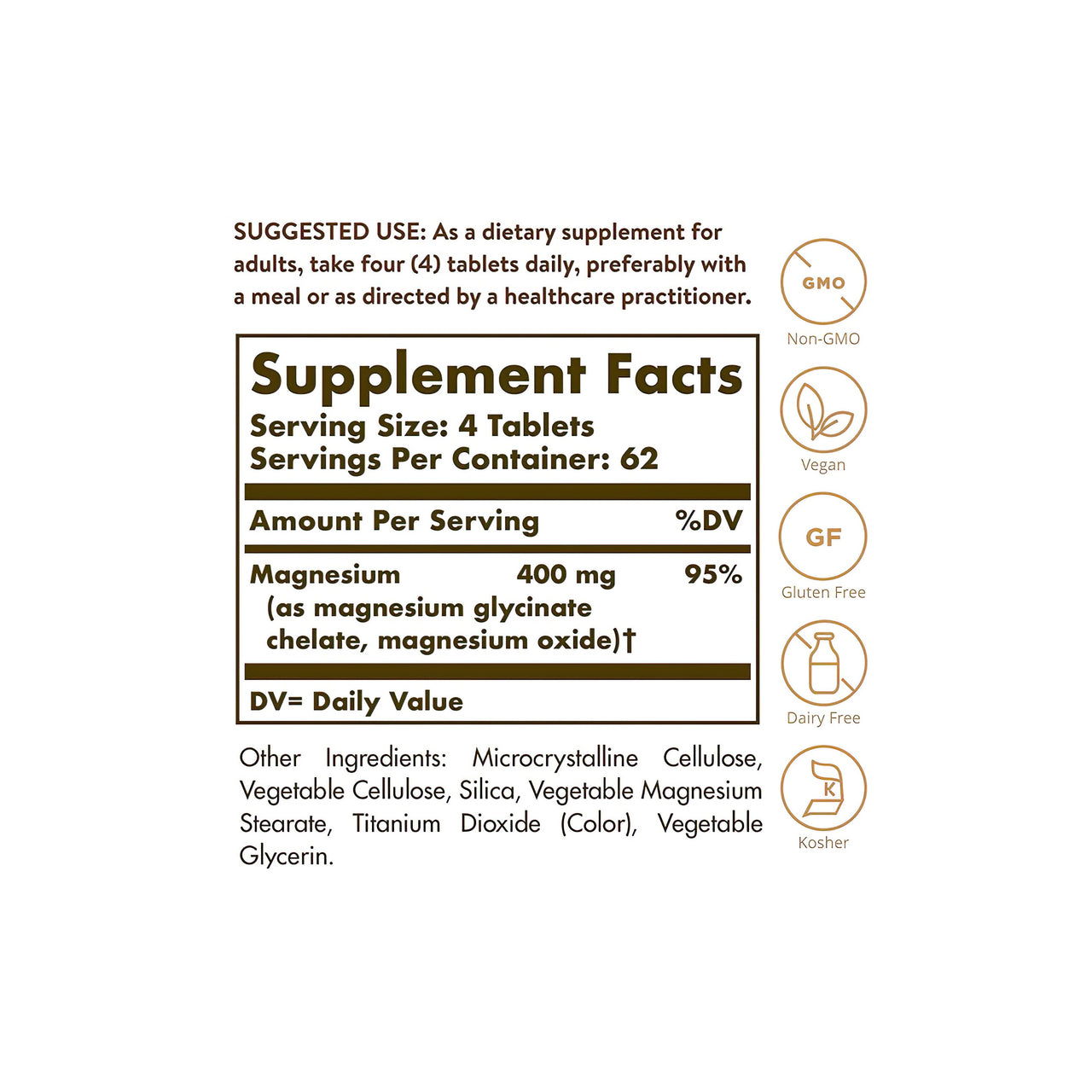 Ein Etikett mit den Inhaltsstoffen von Solgar's Chelated Magnesium 100 Tabletten Ergänzung.