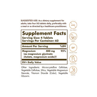 Vorschaubild für Ein Etikett mit den Inhaltsstoffen von Solgar's Chelated Magnesium 100 Tabletten Ergänzung.
