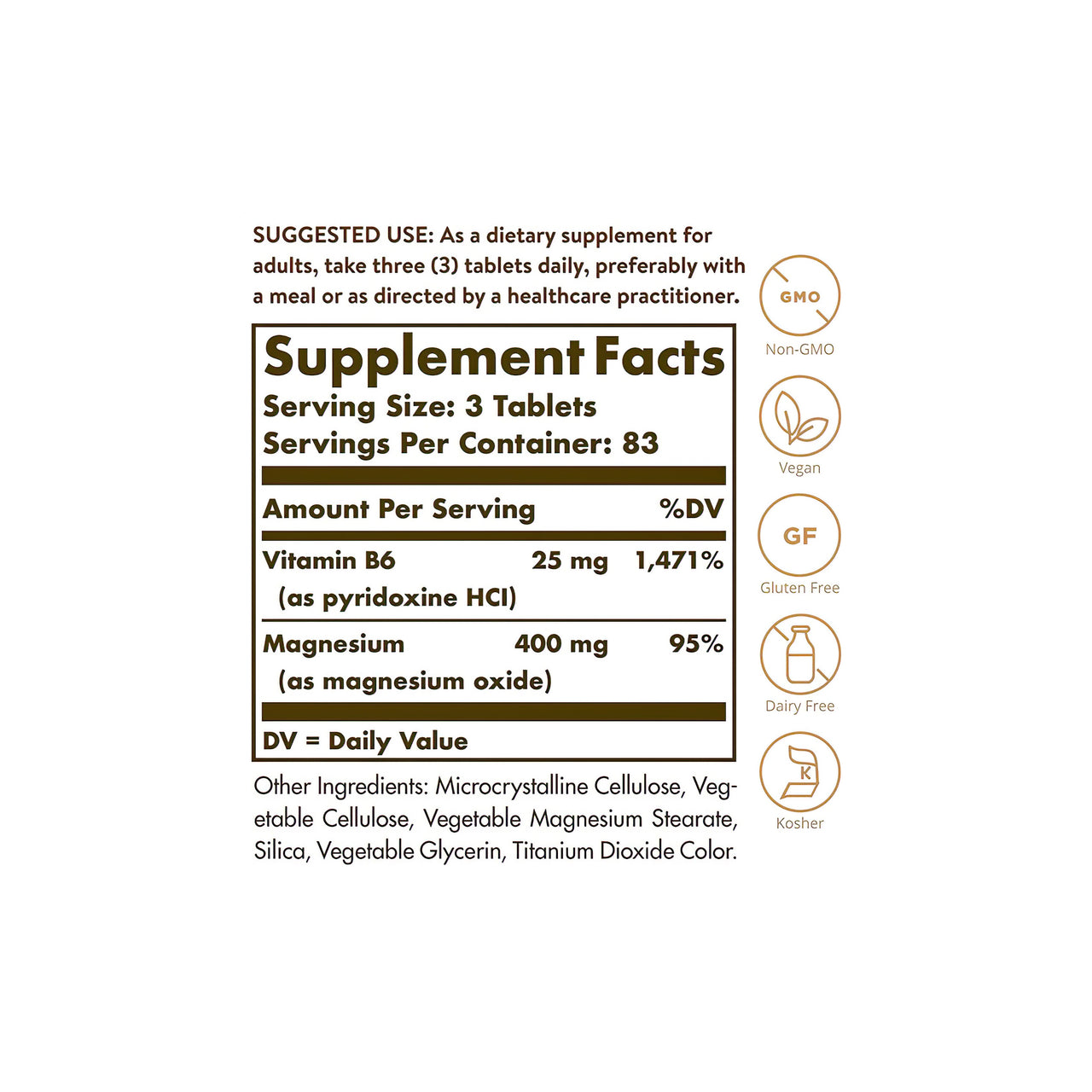 Ein Etikett mit den Inhaltsstoffen von Solgar's Magnesium mit Vitamin B6 250 Tabletten.