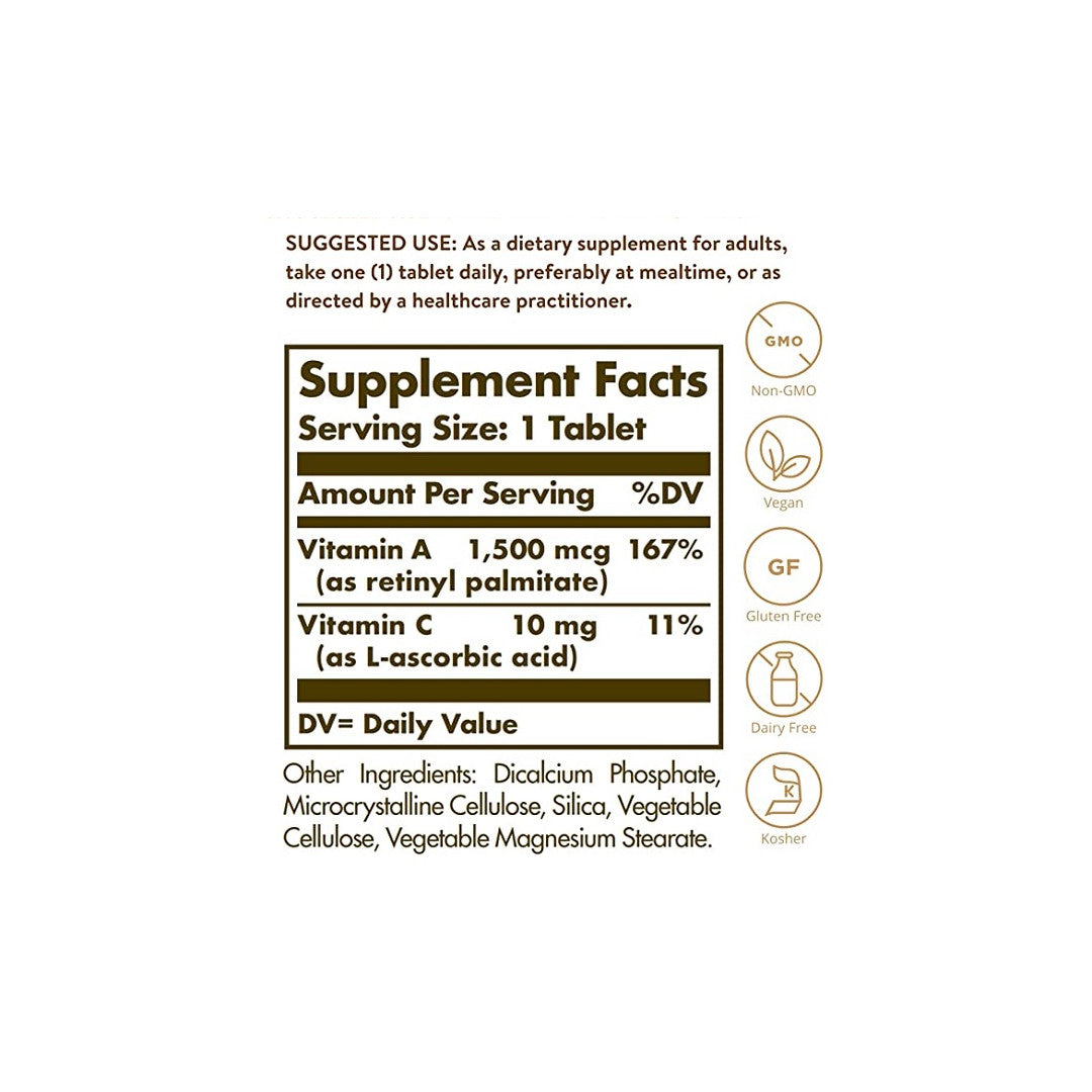 A label showing the ingredients for Solgar's Vitamin A 1500 mcg (5000 IU) 100 Tablets immune health supplement.