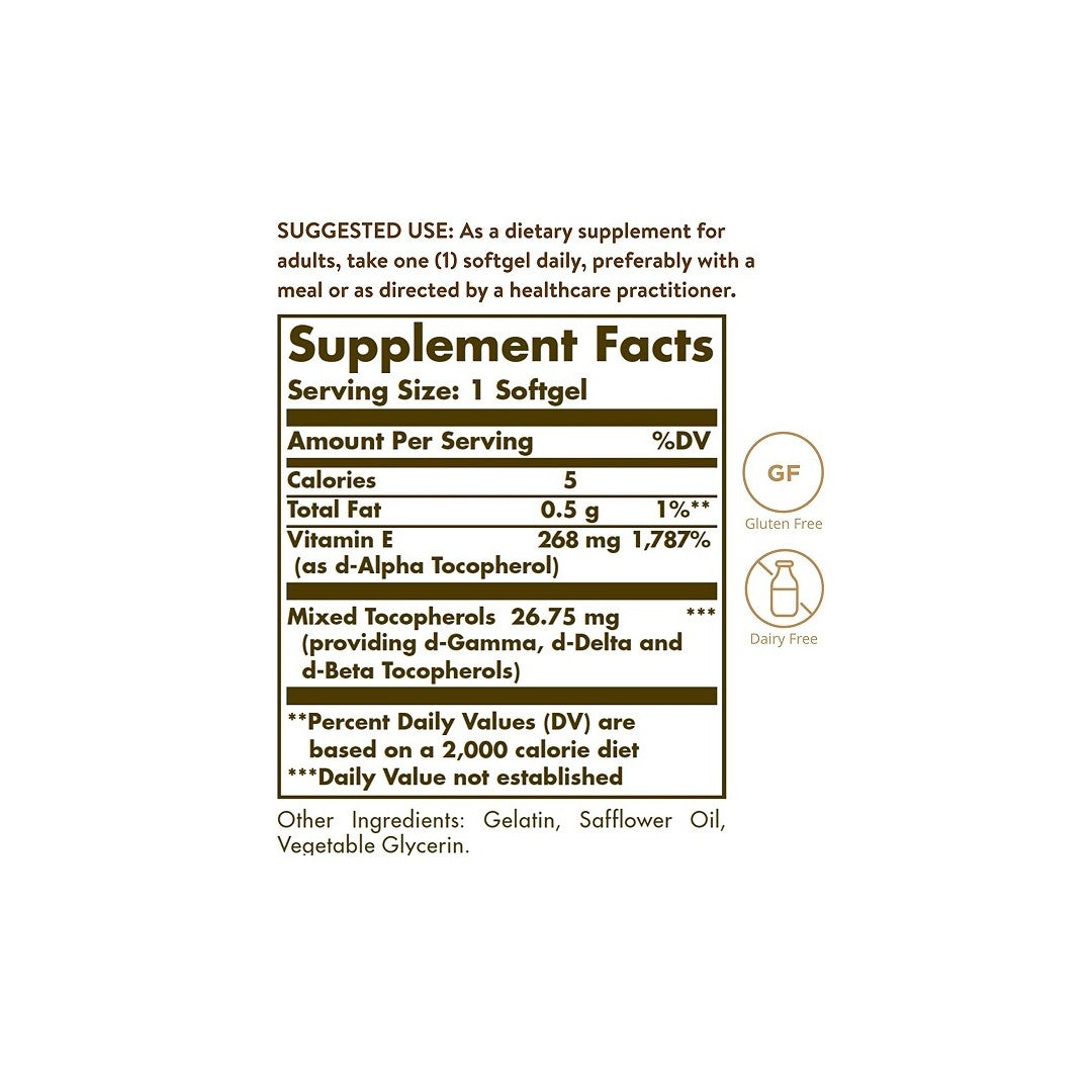 Ein Etikett mit den Inhaltsstoffen eines Solgar Nahrungsergänzungsmittels für die kardiovaskuläre Gesundheit, mit Vitamin E 268 mg (400 IU) 100 Weichkapseln als wichtigstem Antioxidans.