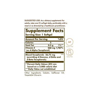 Miniaturansicht für Ein Etikett mit den Inhaltsstoffen eines Solgar Nahrungsergänzungsmittels für die kardiovaskuläre Gesundheit, mit Vitamin E 268 mg (400 IU) 100 Weichkapseln als wichtigstem Antioxidans.