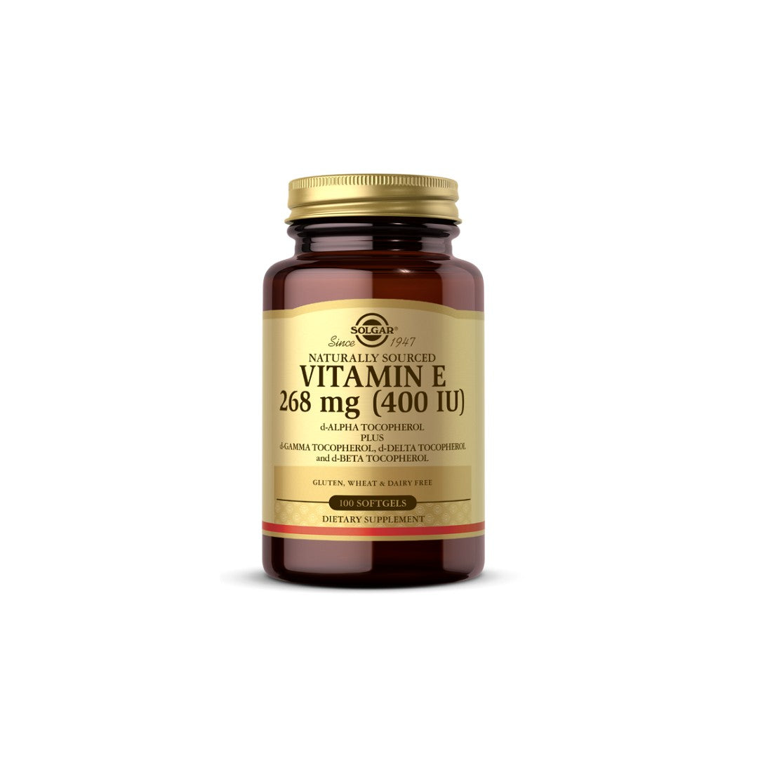 Eine Flasche Solgar Vitamin E 268 mg (400 IU) 100 Weichkapseln, die antioxidative Unterstützung für die kardiovaskuläre Gesundheit bieten.