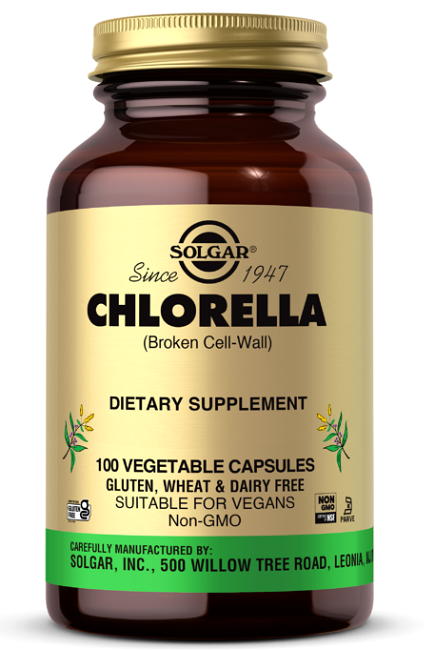Eine Flasche Chlorella 520 mg 100 pflanzliche Kapseln von Solgar.