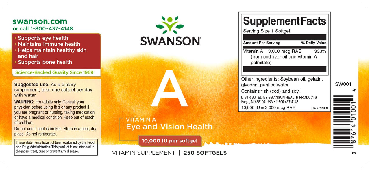 This Swanson Vitamin A - 10000 IU 250 softgels supplement label provides essential support for immune health and vision.