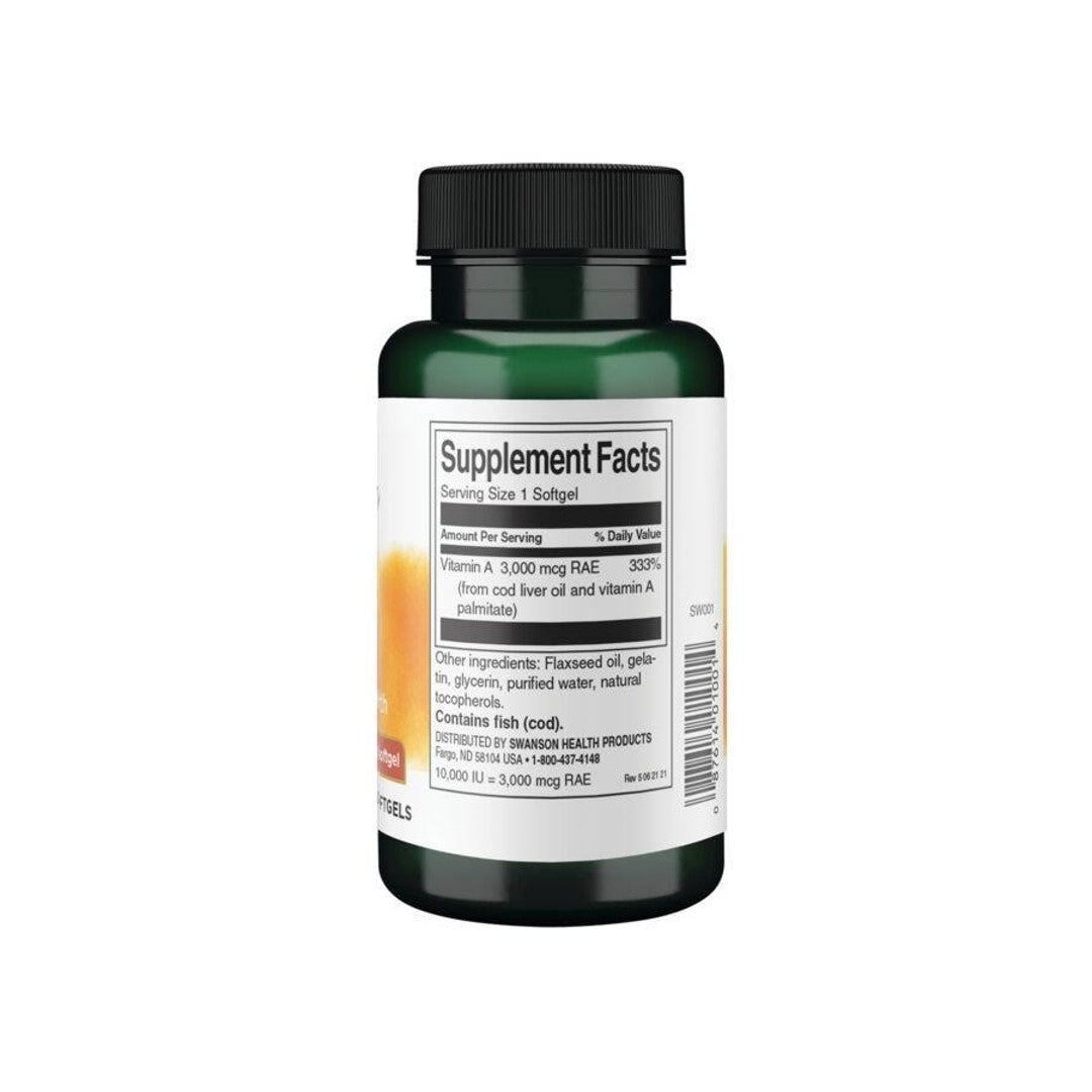 A bottle of Swanson Vitamin A - 10000 IU 250 softgels, promoting immune health and vision.