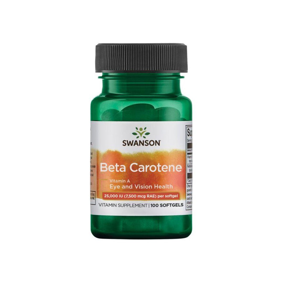 Ein Nahrungsergänzungsmittel Flasche Swanson's Beta-Carotin - 25000 IU 100 Softgels Vitamin A.