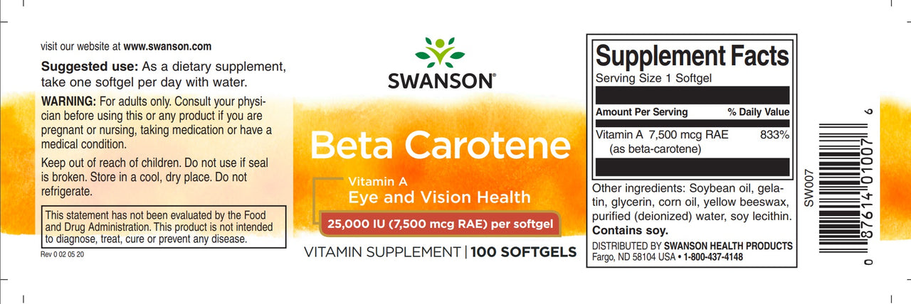 Swanson Beta-Carotin - 25000 IU Weichkapseln Vitamin A Nahrungsergänzungsmittel Etikett.