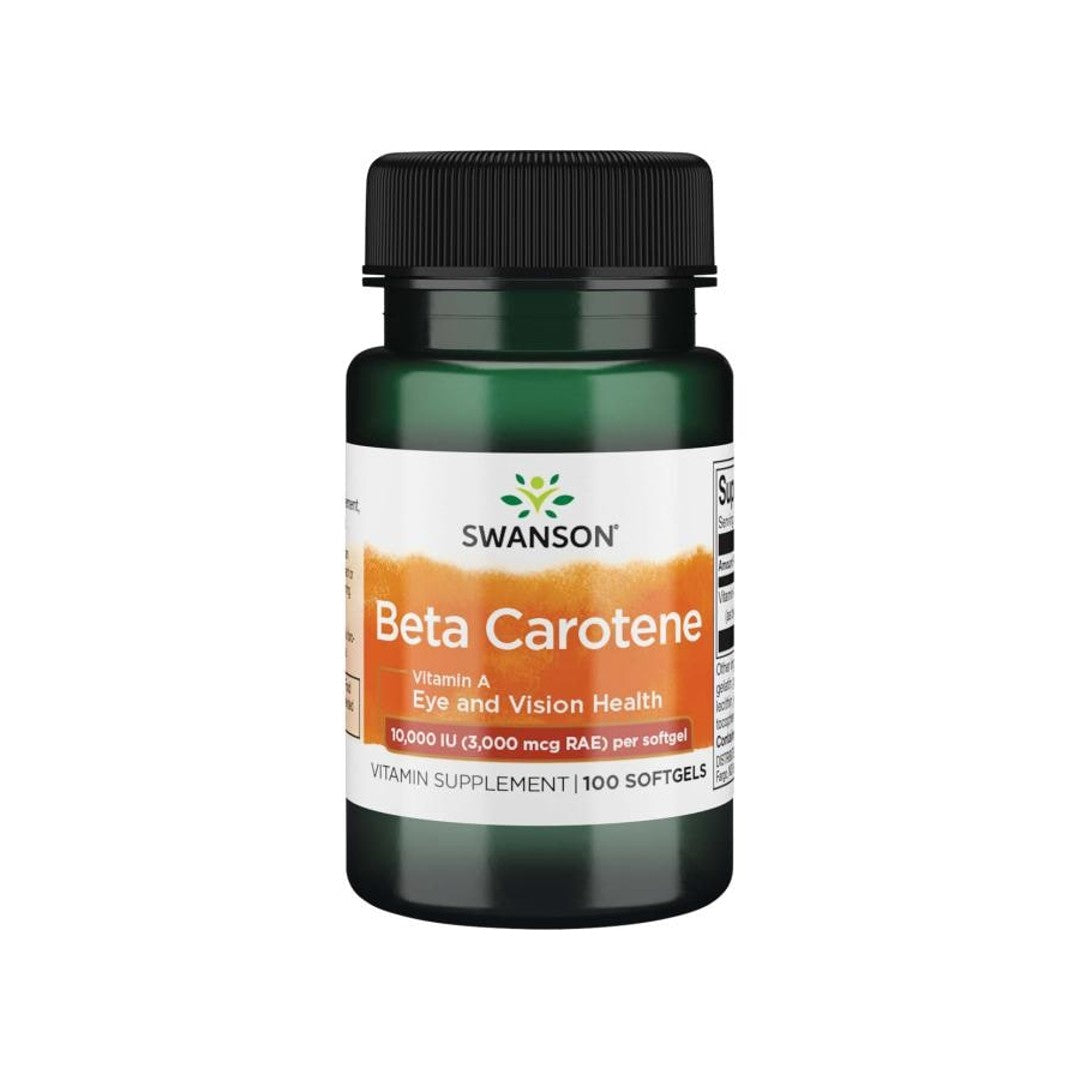 Ein Nahrungsergänzungsmittel in der Flasche Swanson Beta-Carotin Softgels, die 10000 IU Vitamin A enthalten.