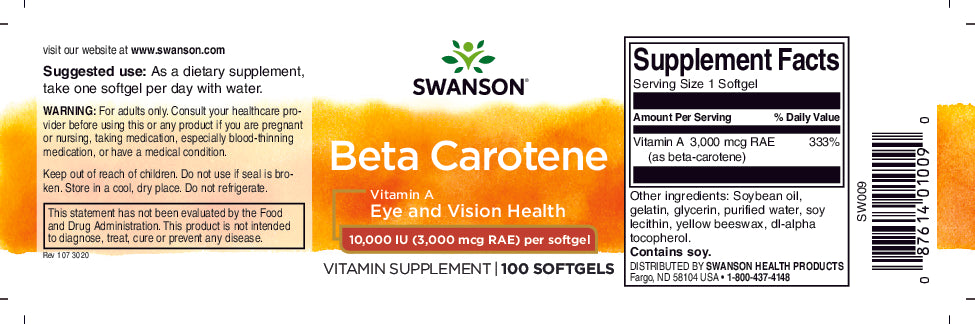 Ein Nahrungsergänzungsetikett für Swanson Beta-Carotin - 10000 IU 100 Weichkapseln Vitamin A.