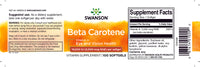 Vorschaubild für ein Nahrungsergänzungsetikett für Swanson Beta-Carotin - 10000 IU 100 Weichkapseln Vitamin A.