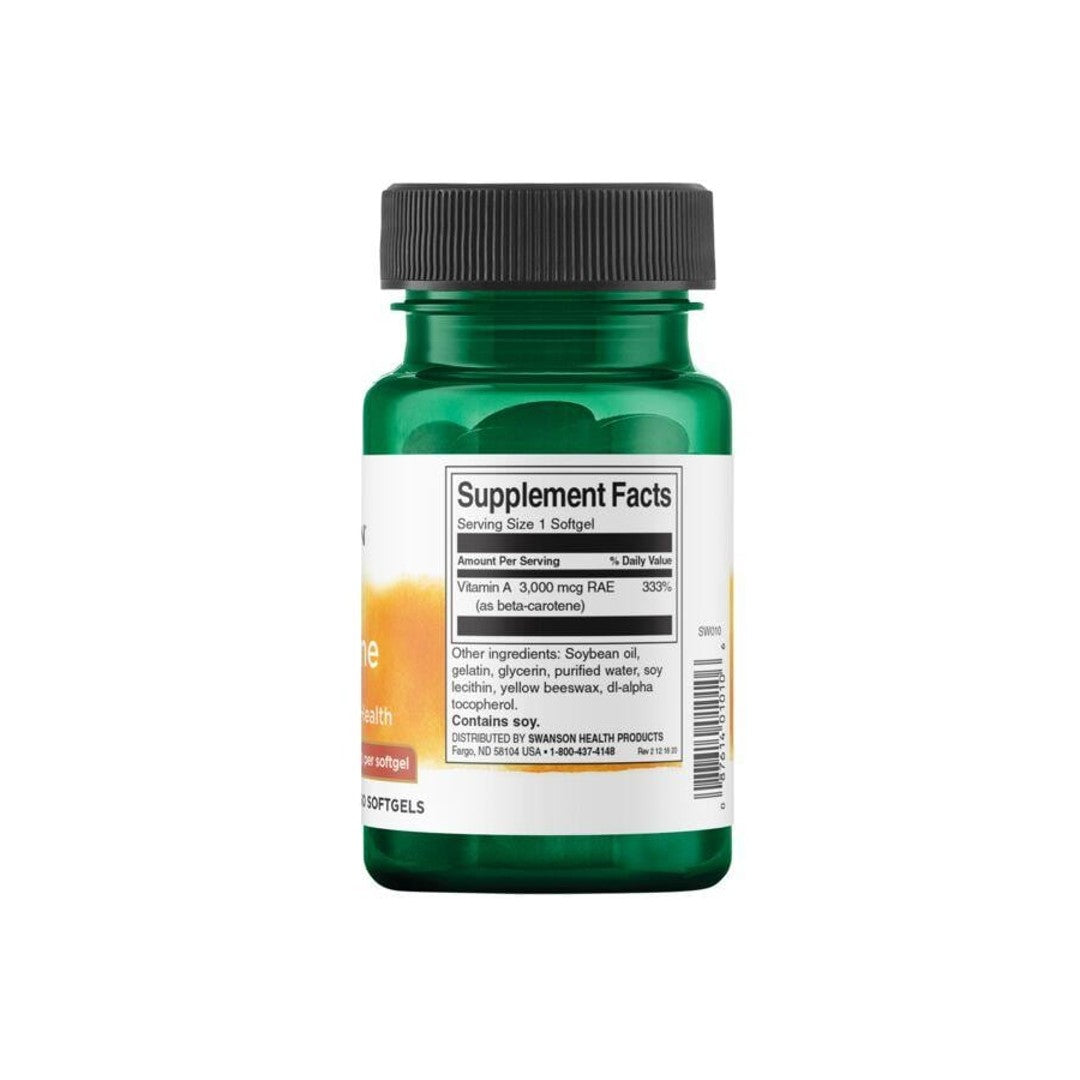 Eine Flasche Swanson Beta-Carotin - 10000 IU 250 Nahrungsergänzungsmittel Softgels auf einem weißen Hintergrund.