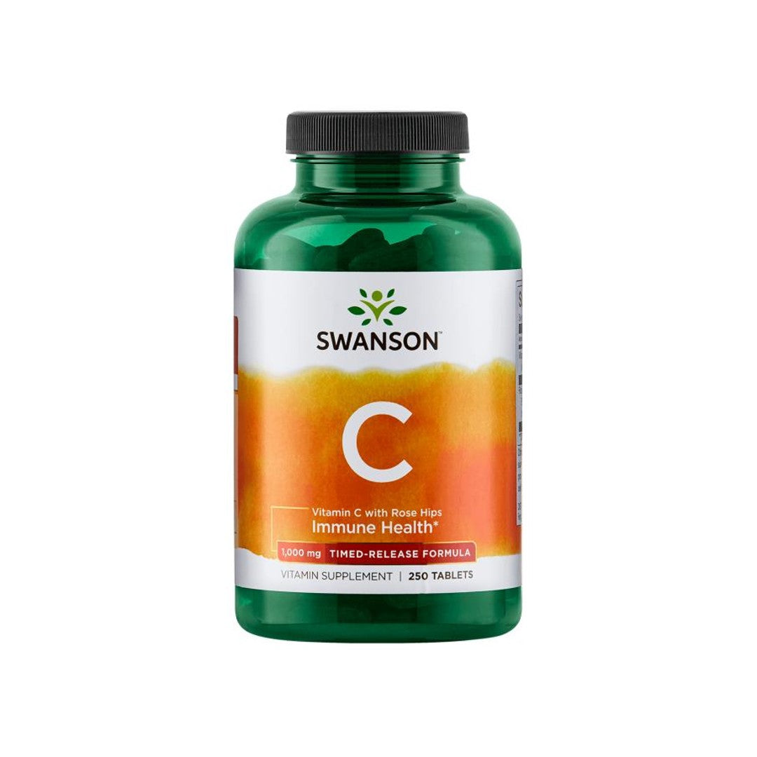 A bottle of Swanson Vitamin C - 1000 mg 250 tabs Timed Release with rosehips on a white background.