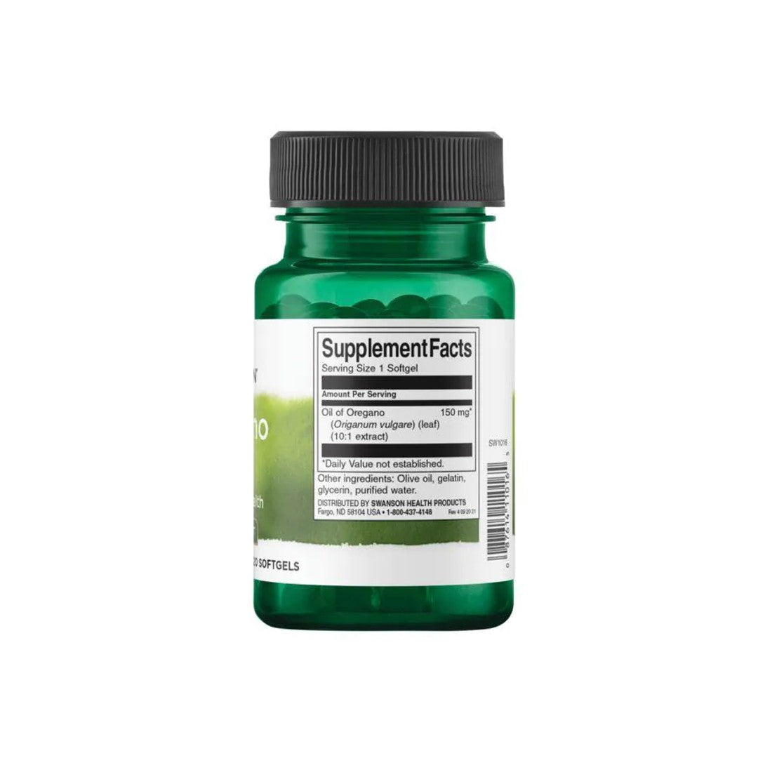 Eine Flasche Oregano-Öl mit einem grünen Etikett, das die Gesundheit des Immunsystems fördert. (Marke: Swanson)