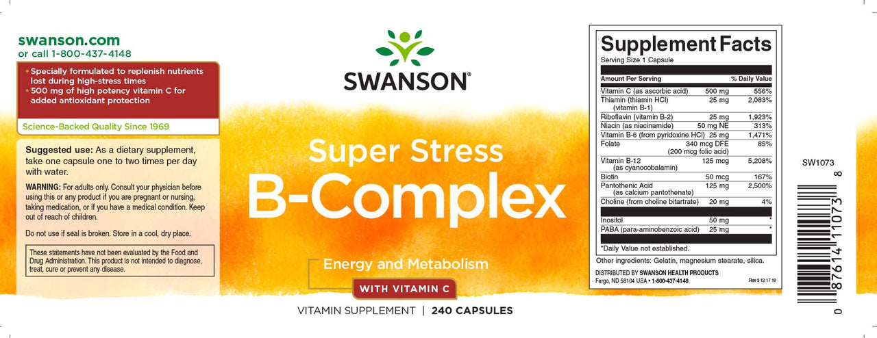 Swanson B-Komplex mit Vitamin C - 500 mg 240 Kapseln.