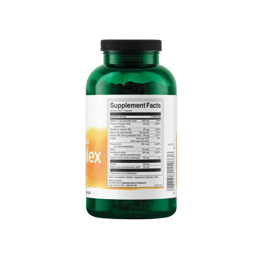 Eine Flasche B-Complex mit Vitamin C - 500 mg 240 Kapseln von Swanson auf einem weißen Hintergrund.