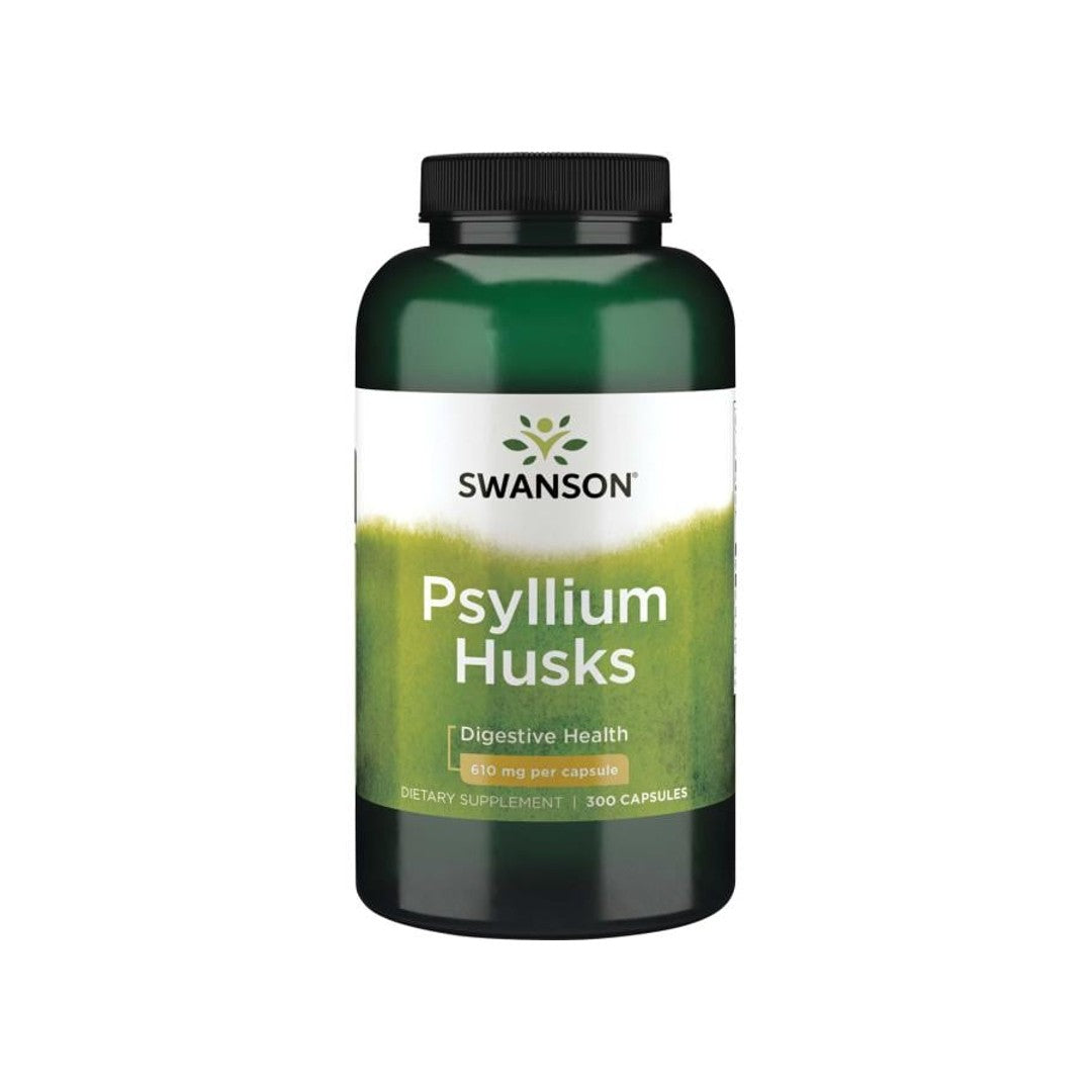 Eine Flasche Swanson Psyllium Husks - 610 mg 300 Kapseln, eine natürliche Quelle für lösliche Ballaststoffe zur Verbesserung des Cholesterinspiegels und zur Linderung von Verstopfung.