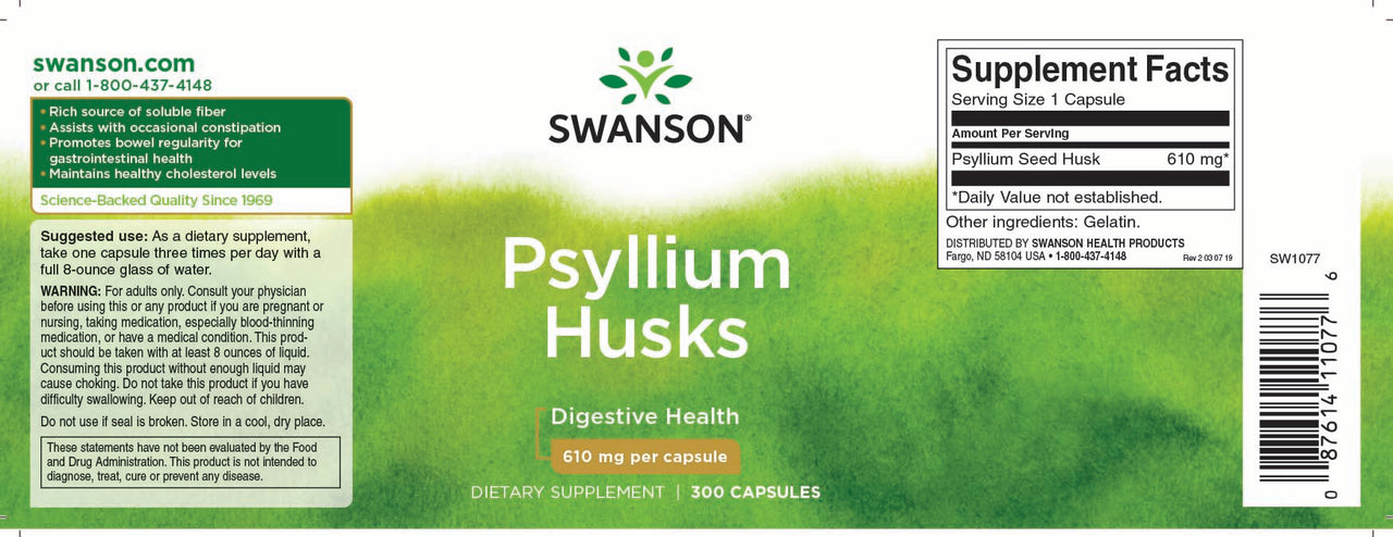 Das Etikett von Swanson Psyllium Husks - 610 mg 300 Kapseln enthält wichtige Informationen über den hohen Gehalt an löslichen Ballaststoffen, die das Produkt zu einem wirksamen Mittel gegen Verstopfung machen. Außerdem enthält das Produkt Schlüsselwörter wie "Psyllium Husks - 610 mg 300 Kapseln" von Swanson.