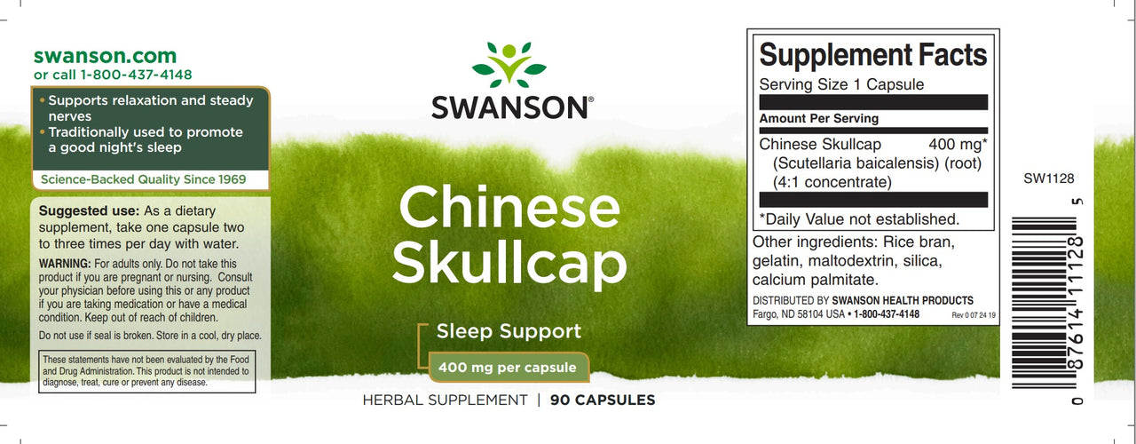 Ein grünes und weißes Etikett für Chinese Skullcap - 400 mg 90 Kapseln von Swanson.