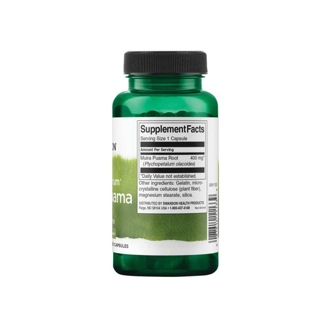 Eine Flasche Full Spectrum Muira Puama - 400 mg 90 Kapseln von Swanson auf einem weißen Hintergrund.