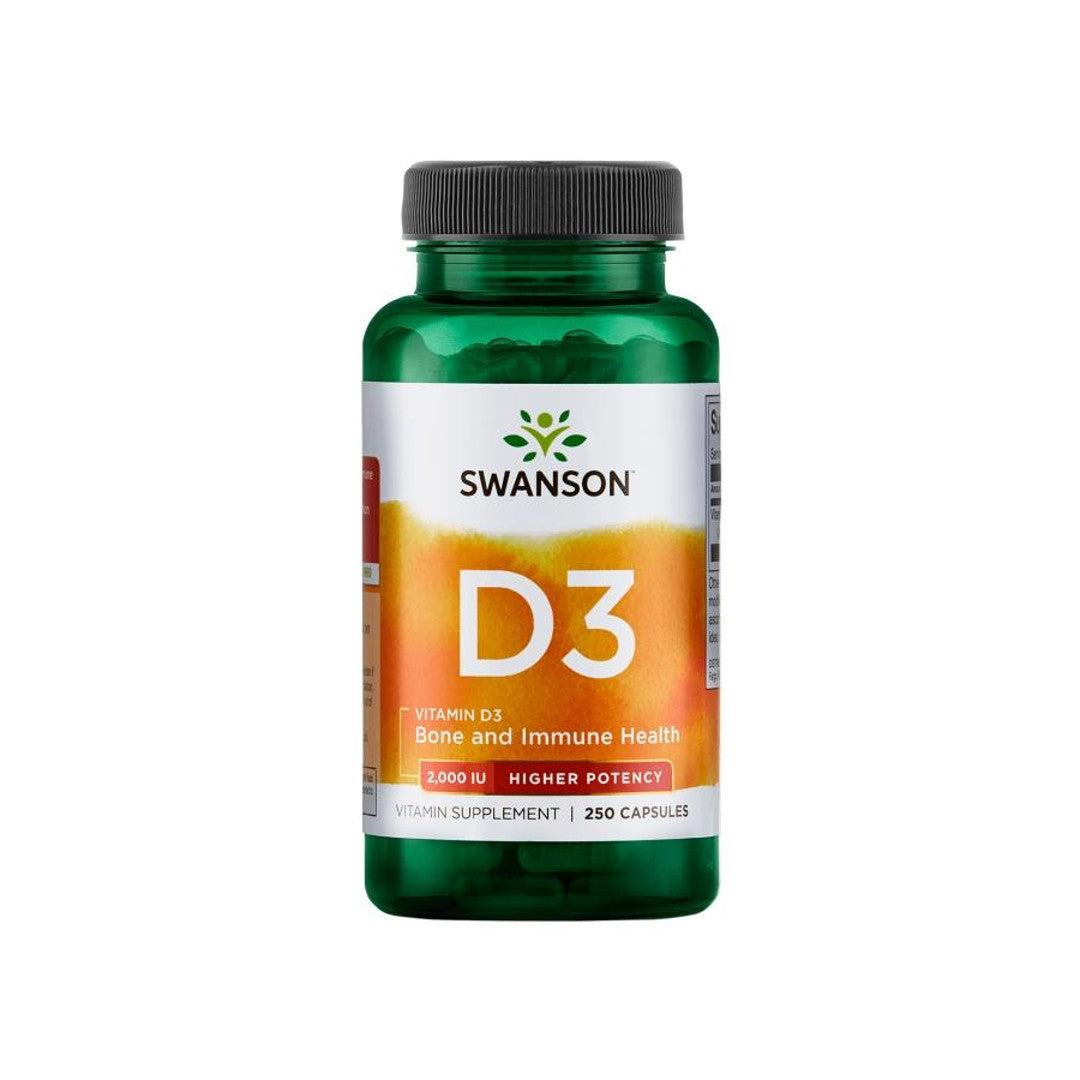 Eine Flasche Swanson Vitamin D3 - 2000 IE 250 Kapseln, die das Wohlbefinden des Immunsystems fördern und die Kalziumaufnahme für die Knochengesundheit unterstützen.