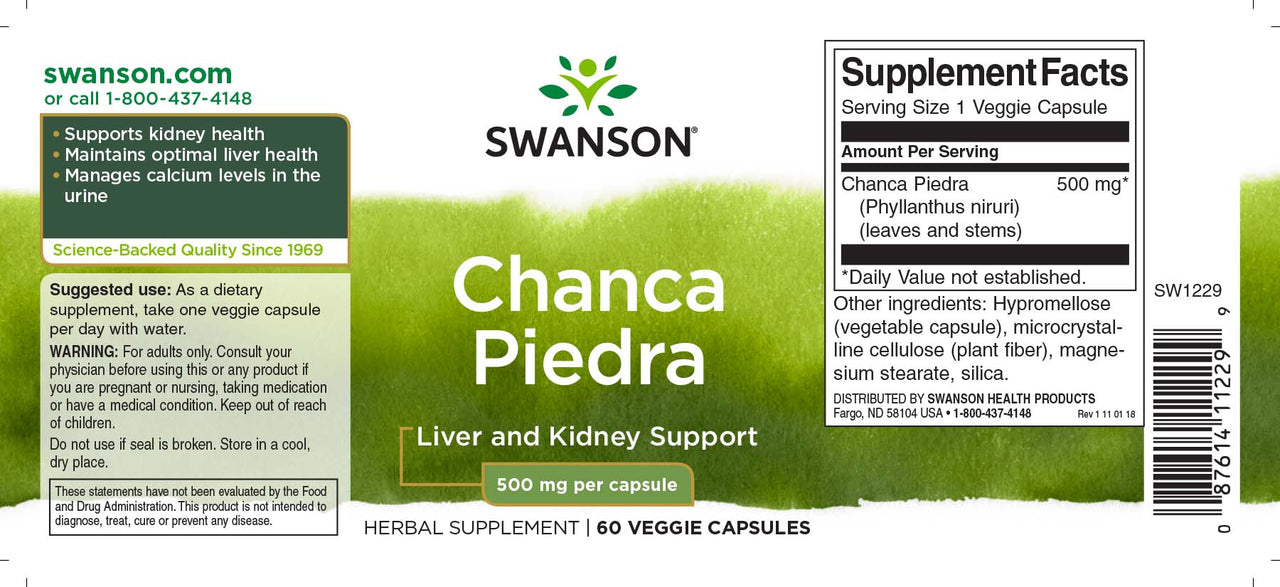 Swanson Chanca Piedra - 500 mg 60 pflanzliche Kapseln Ergänzung Etikett.