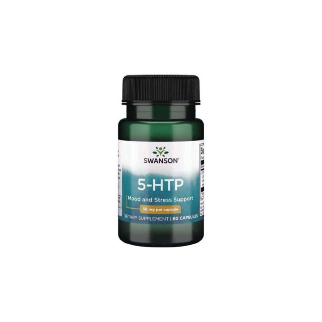 Eine Flasche Swanson 5-HTP Mood and Stress Support - 50 mg 60 Kapseln auf einem weißen Hintergrund.