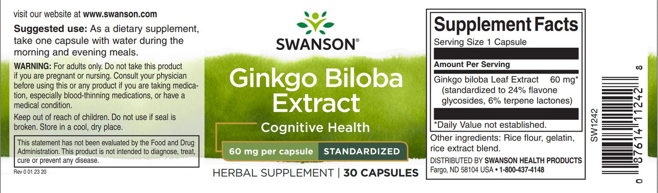 Swanson Ginkgo Biloba Extrakt 24% - 60 mg 30 Kapseln Etikett.