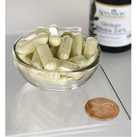 Vorschaubild für eine Schale von Swanson's Ginkgo Biloba Extrakt 24% - 60 mg 30 Kapseln neben einem Pfennig.