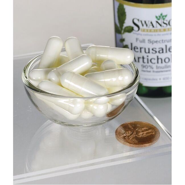 Eine Schale mit Swanson's Prebiotic Topinambur - 400 mg 60 Kapseln, ein pflanzliches Nahrungsergänzungsmittel für die Gesundheit der Verdauung.