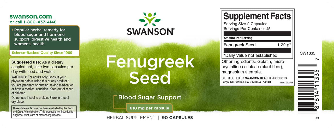 Ein Etikett für Swanson Bockshornkleesamen - 610 mg 90 Kapseln.