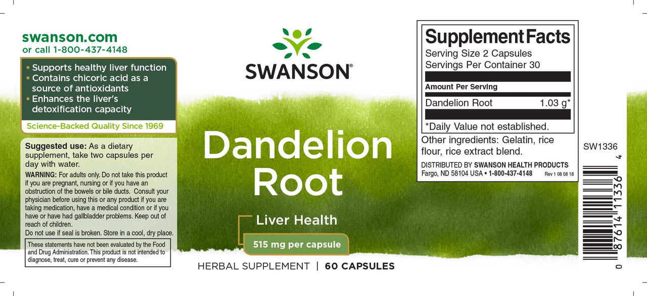 Ein Etikett für Swanson Löwenzahnwurzel - 515 mg 60 Kapseln.