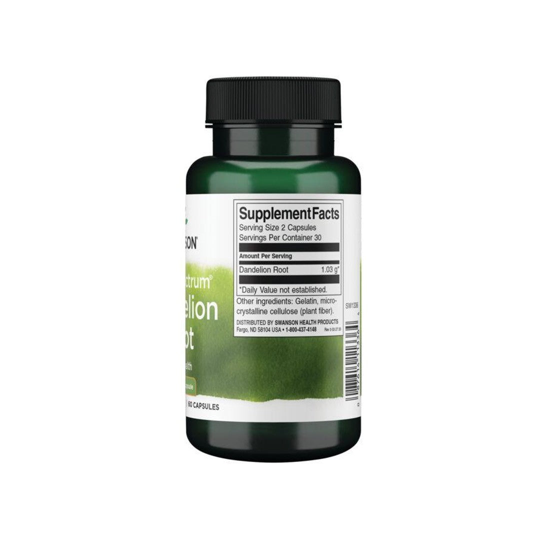 Eine Flasche Swanson Löwenzahnwurzel - 515 mg 60 Kapseln mit Grüntee-Extrakt.