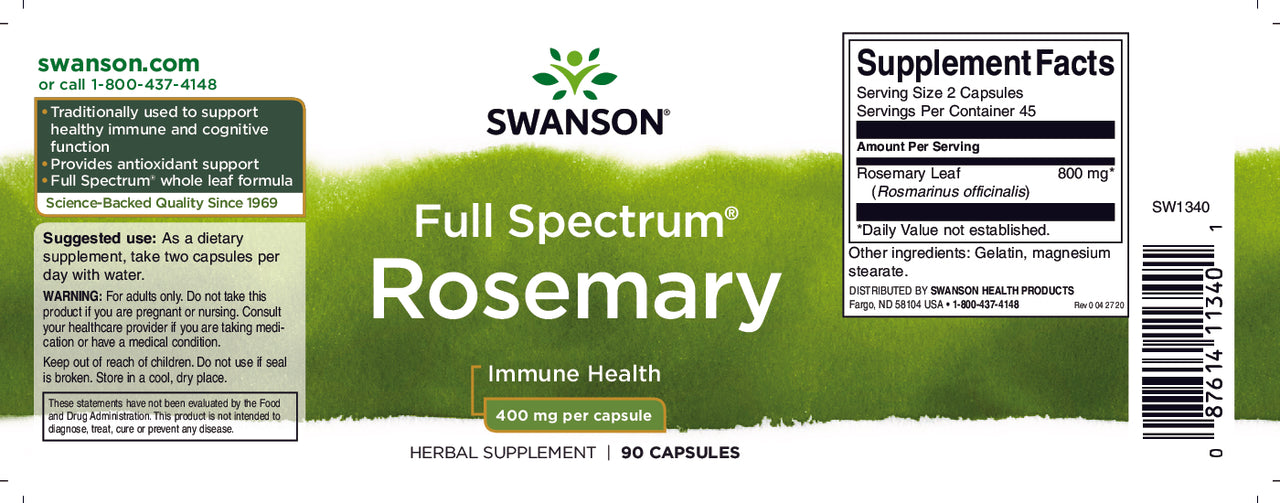 Ein Etikett für Swanson Rosemary - 400 mg 90 Kapseln, ein Antioxidans zur Bekämpfung freier Radikale.