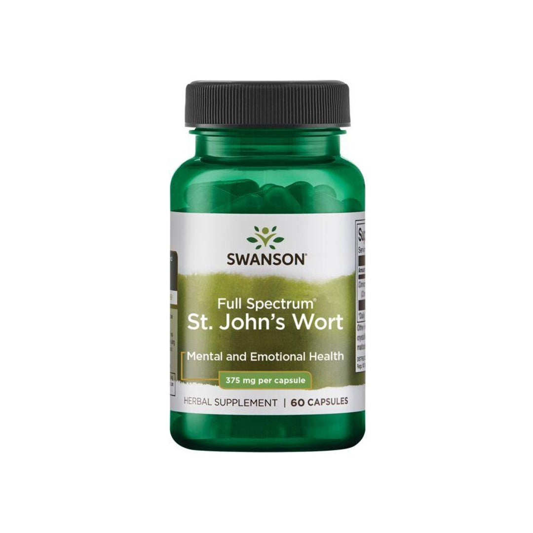 A bottle of Swanson's St. Johns Wort - 375 mg 60 caps, a natural remedy for emotional wellness and mood support.
