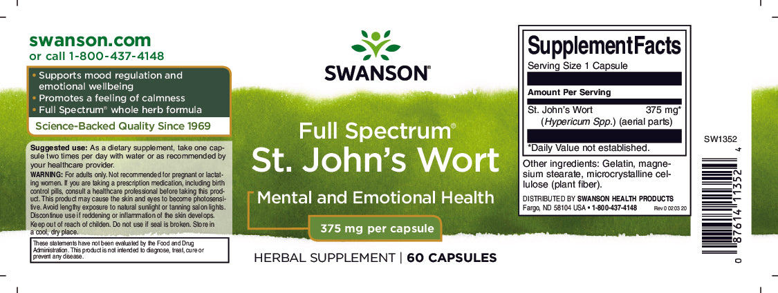 Swanson St. Johns Wort - 375 mg 60 caps for emotional wellness and mood support.
