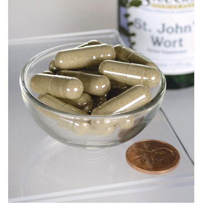 Swanson's St. Johns Wort - 375 mg 60 caps for mood support and emotional wellness displayed in a glass bowl.