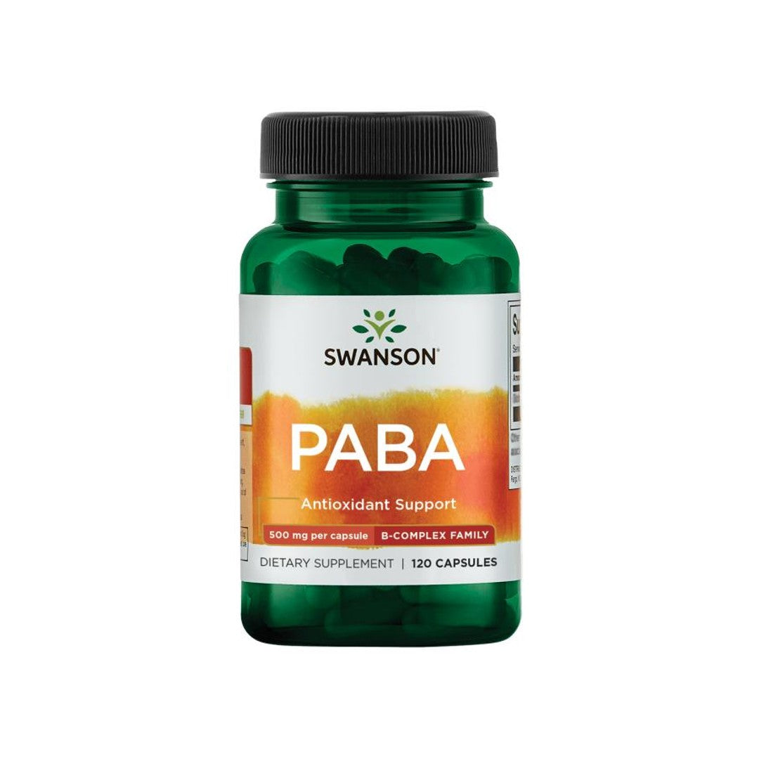 Eine Flasche Swanson PABA - 500 mg 120 Kapseln, bekannt für seine positive Wirkung auf die Bildung roter Blutkörperchen und die Hautgesundheit.