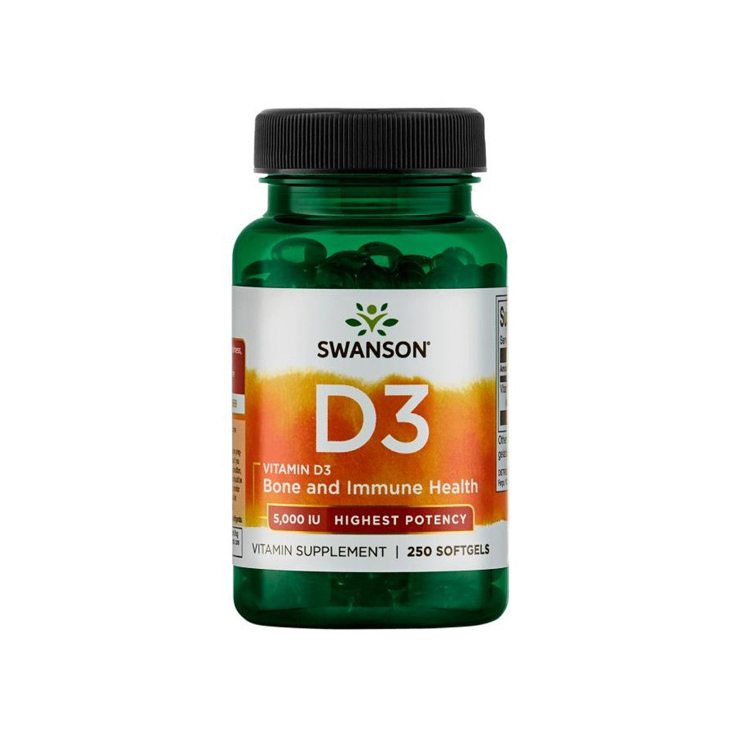 Swanson Vitamin D3 - 5000 IU 250 softgel is a powerful supplement that enhances immune function and promotes optimum calcium absorption.