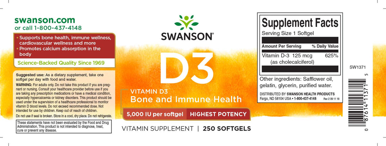A label for the Swanson Vitamin D3 - 5000 IU 250 softgel, an essential supplement that promotes calcium absorption and supports immune function with Vitamin D3.
