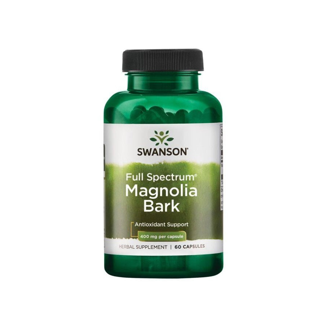 A bottle of Swanson's Magnolia Bark 400 mg 60 Capsules dietary supplement, designed for antioxidant support and digestive health.
