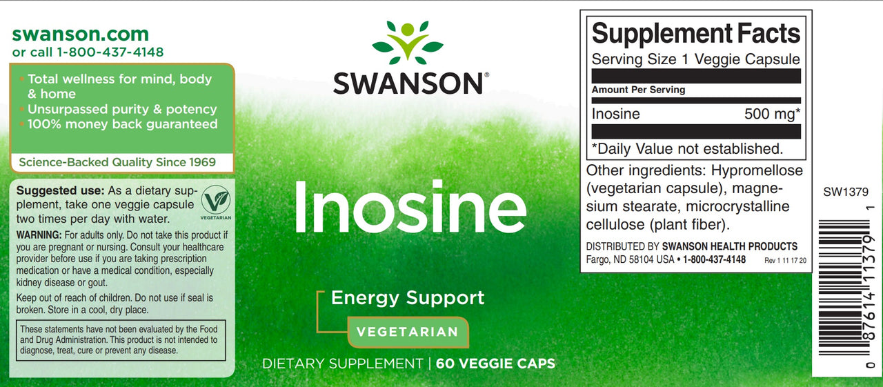 Das Etikett für Swanson Inosin - 500 mg 60 Veggie-Kapseln.